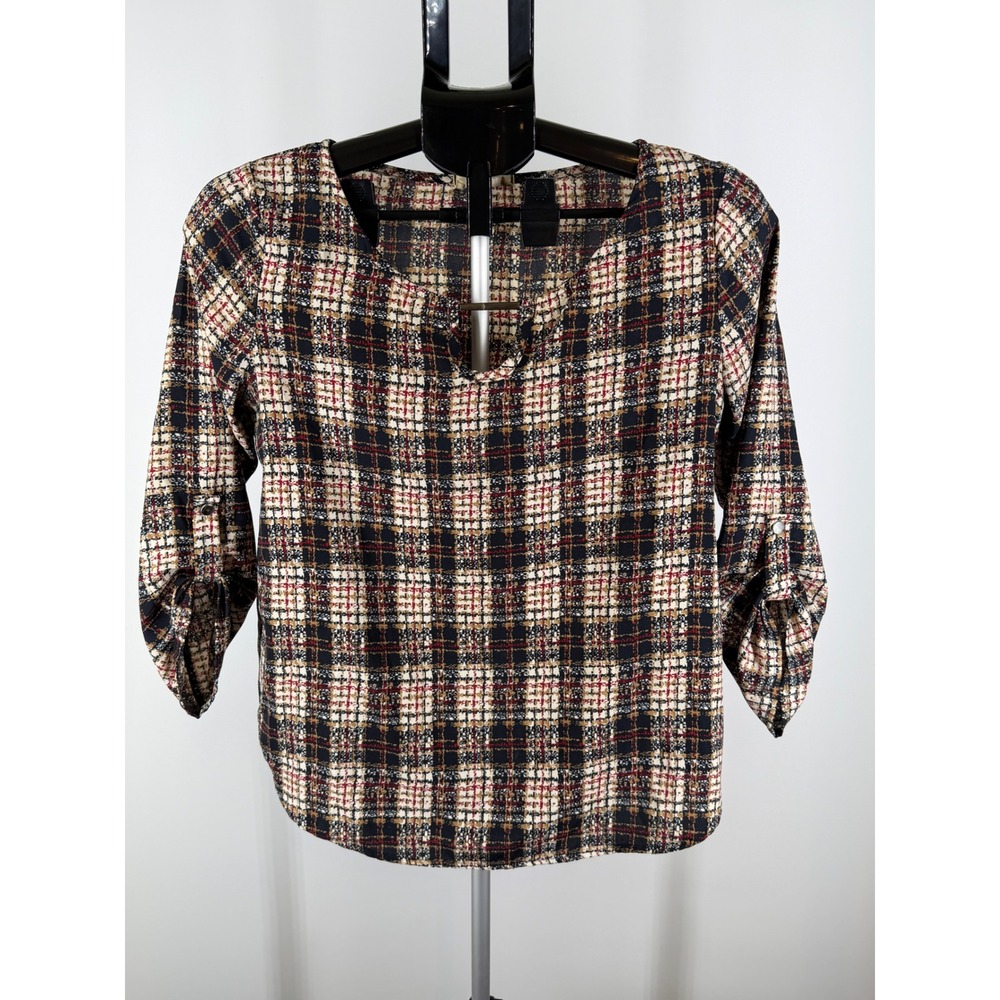 Womens Plaid 3/4 Roll Tab Sleeve Blouse Split Neck Multi Color Top